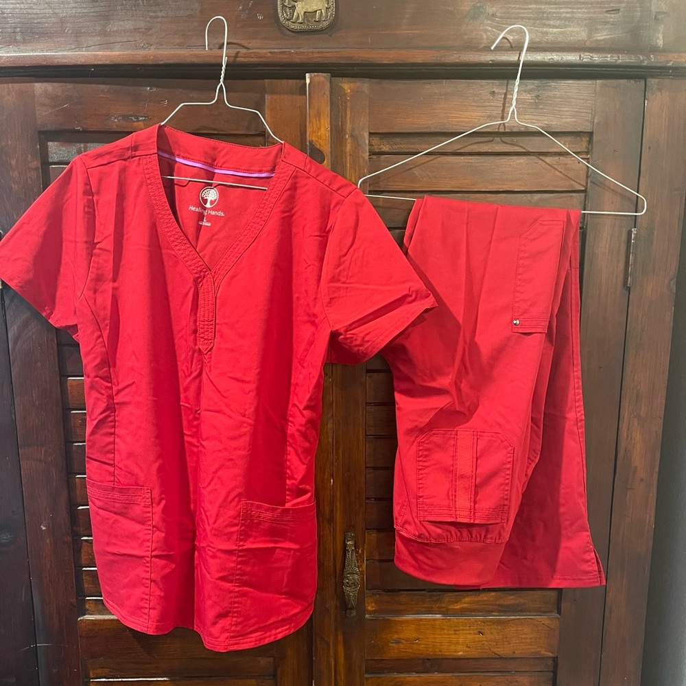 Scrub set. Brand: Healing Hands. Top size: Large, Bottom size: Small Tall.